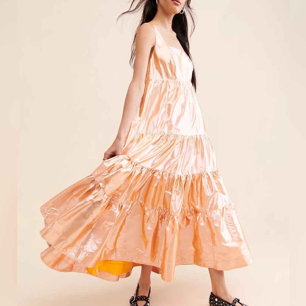 NWT Let Me Be Anthropologie Tiered Maxi Metallic Dress Women’s XS Orange